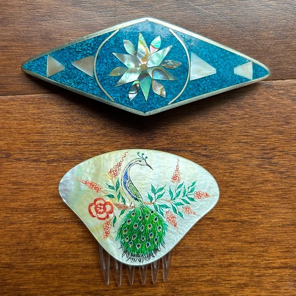 Accessories - Two Beautiful Barrettes, One Peacock Comb and One Shell Inlay Clip